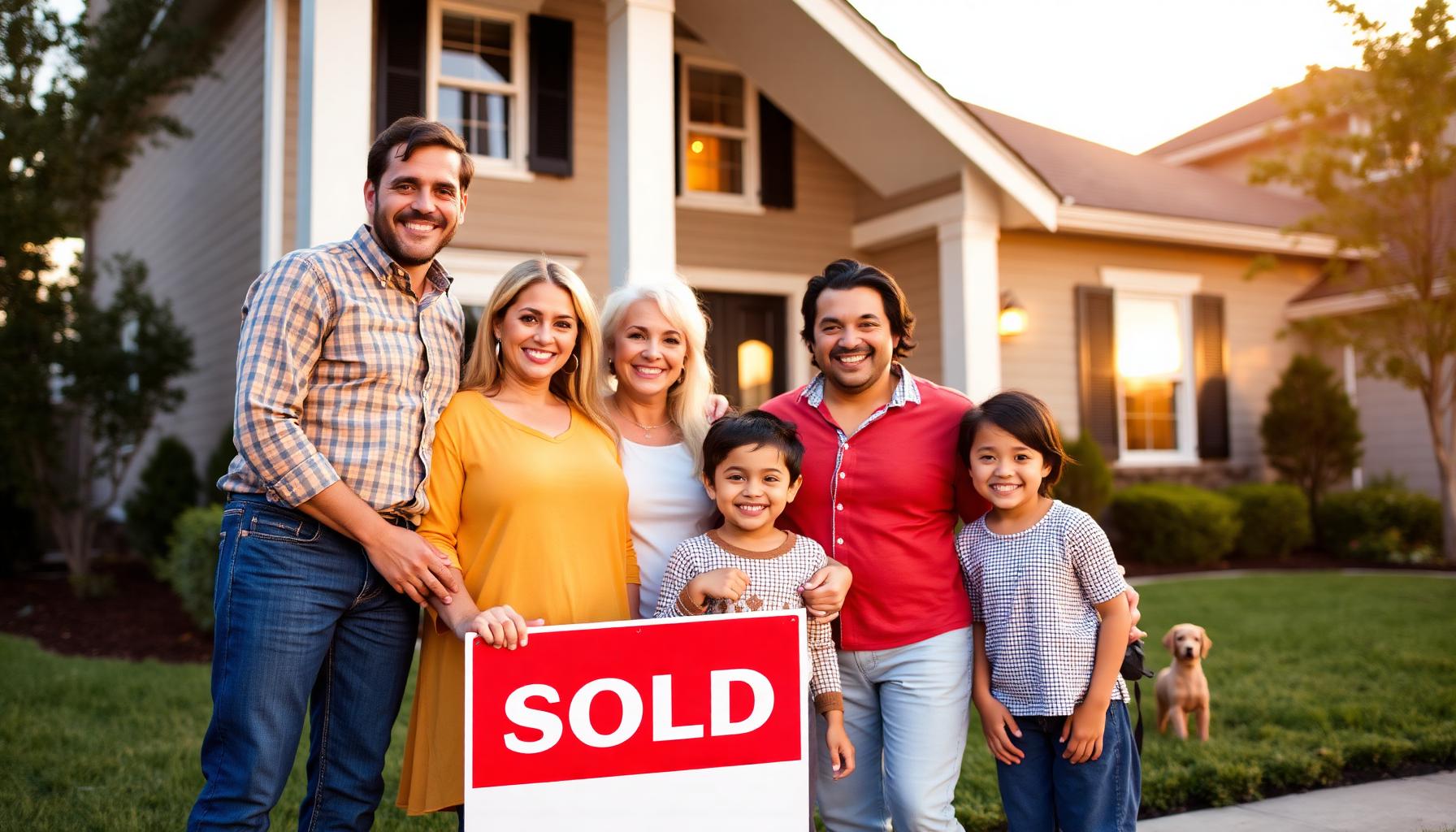 Happy family in front of their new home